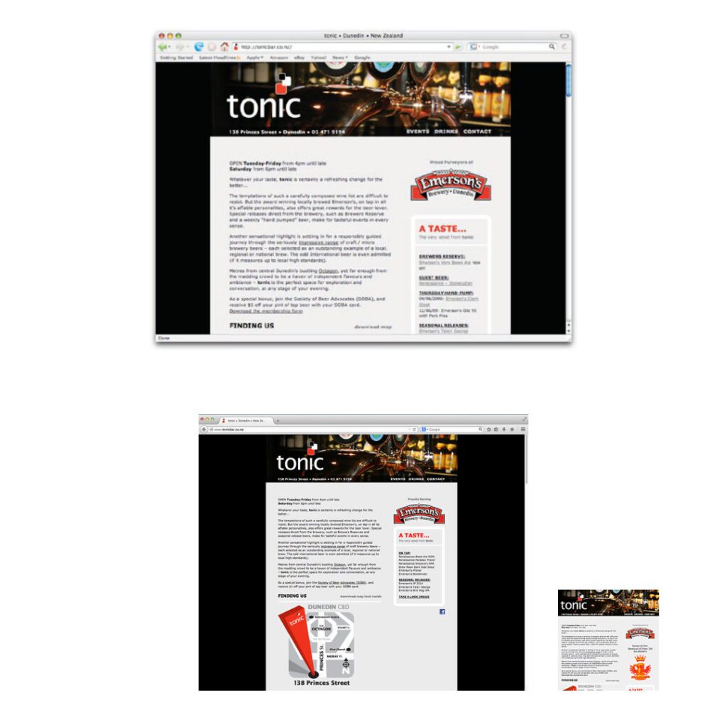 Tonic Bar promotional event. Website page content and promotional elements.