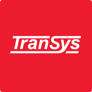 TranSys corporate logo in bold red sans-serif typeface, with the word ‘TranSys’. A solid red horizontal line runs above and below the entire wordmark, intersecting the uppercase ‘T’ and ‘S’, visually framing the logo and conveying a sense of forward motion and structural integrity—emblematic of transportation systems.