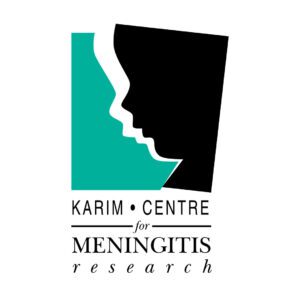 Logo of the Karim Centre for Meningitis Research, UK, featuring a stylised profile of two human faces in silhouette—one in white set against a teal background, and the other in black set against white—framed in opposing rectangular blocks. The visual design implies care, duality, and the interpersonal nature of medical research. Beneath the icon, the centre’s name is presented in a formal serif and sans-serif typographic combination, with “Meningitis” in prominent uppercase lettering.