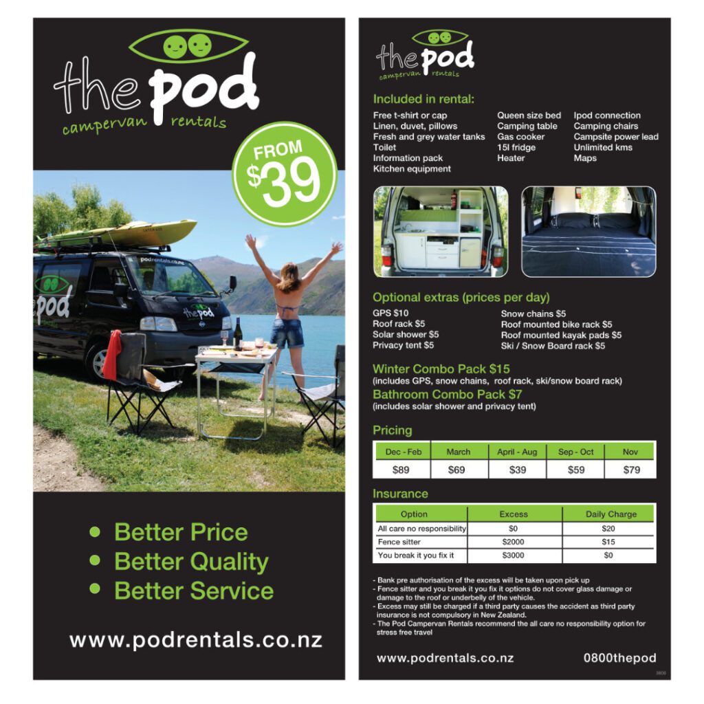 Tourist DL rack card seen in destination outlets for The Pod Rentals business.
