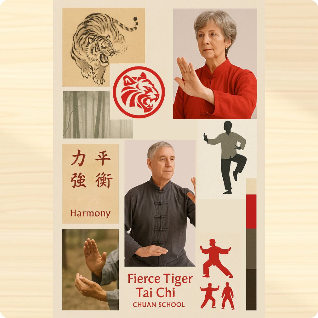 Mood board for Fierce Tiger Tai Chi Chuan School showing red tones, tiger imagery, and calligraphy typography to reflect strength, balance, and health for a modern wellness audience.