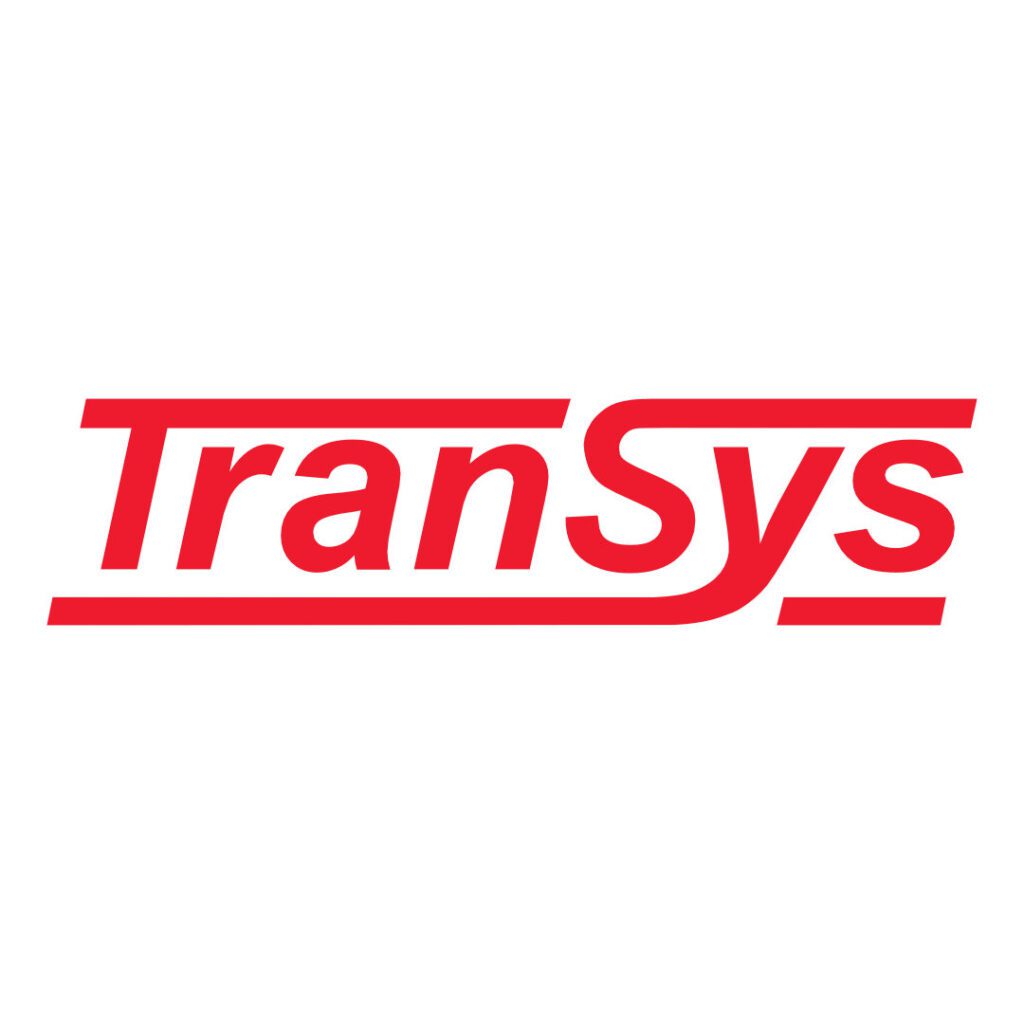 TranSys corporate logo in bold red sans-serif typeface, with the word ‘TranSys’. A solid red horizontal line runs above and below the entire wordmark, intersecting the uppercase ‘T’ and ‘S’, visually framing the logo and conveying a sense of forward motion and structural integrity—emblematic of transportation systems.