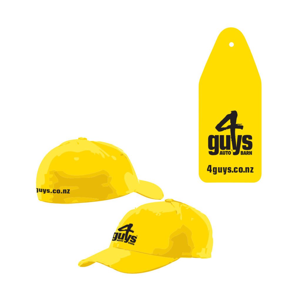 Apparel cap and swing tag layout for motor vehicle dealer 4 Guys Autobarn. A Hamilton, NZ based automotive sales businesses.