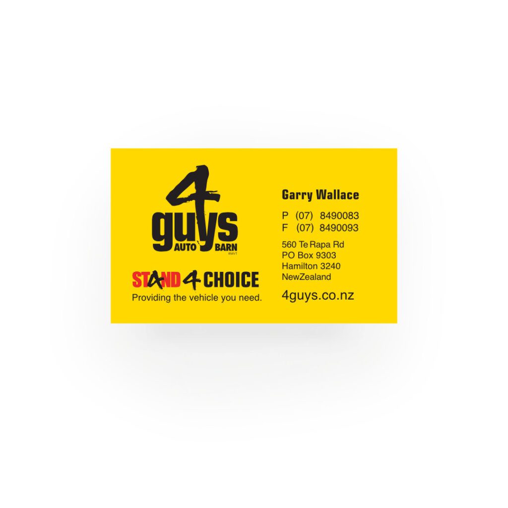 Business Card layout for motor vehicle dealer 4 Guys Autobarn. A Hamilton, NZ based automotive sales businesses.