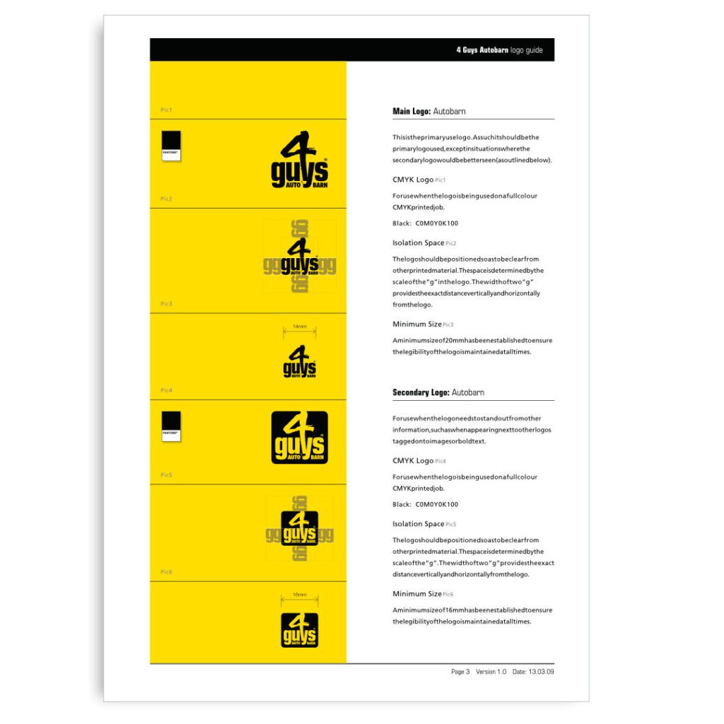 How to use logo page from business identity guide for motor vehicle dealer 4 Guys Autobarn. A Hamilton, NZ based automotive sales businesses.
