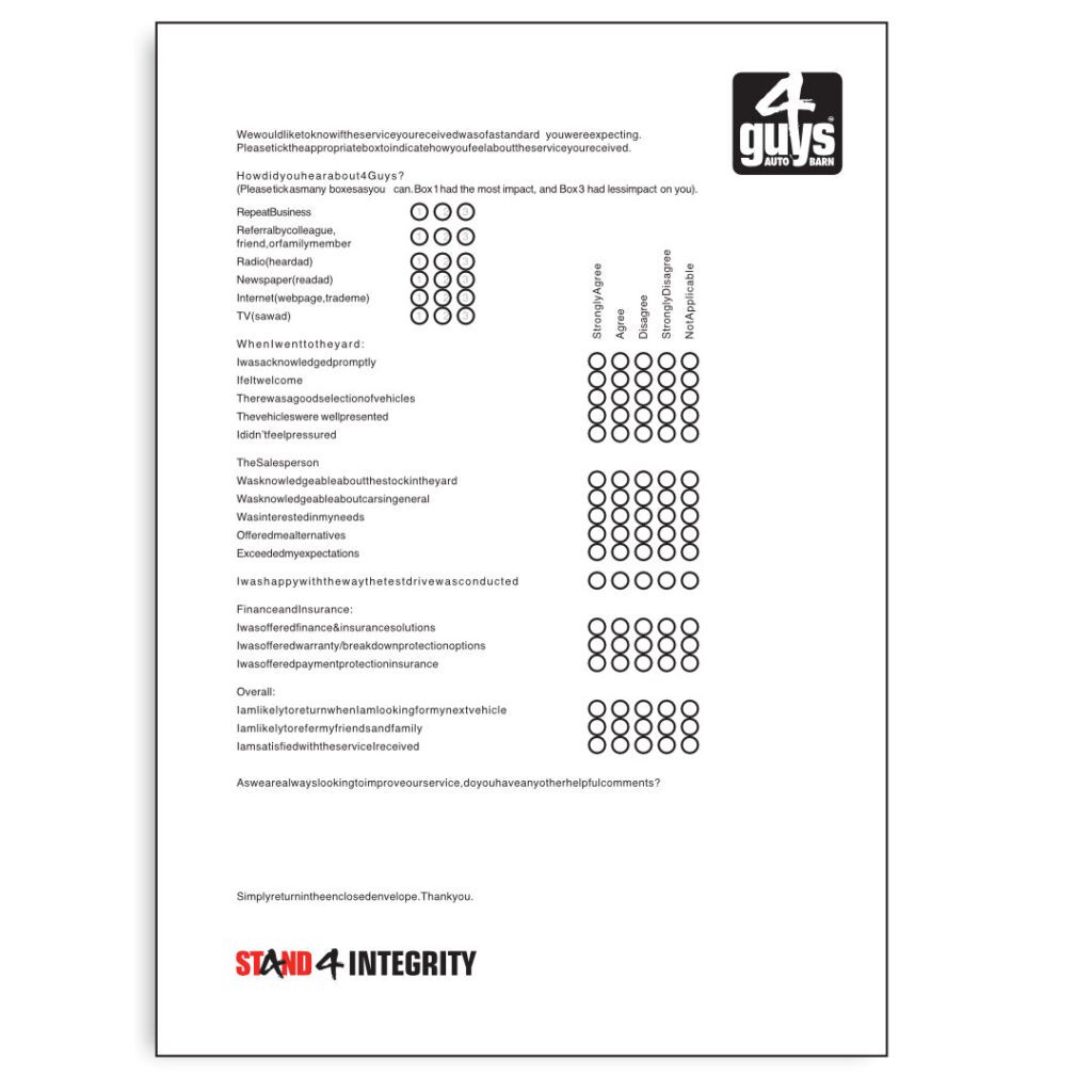 Customer satisfaction survey for motor vehicle dealer 4 Guys Autobarn. A Hamilton, NZ based automotive sales businesses.
