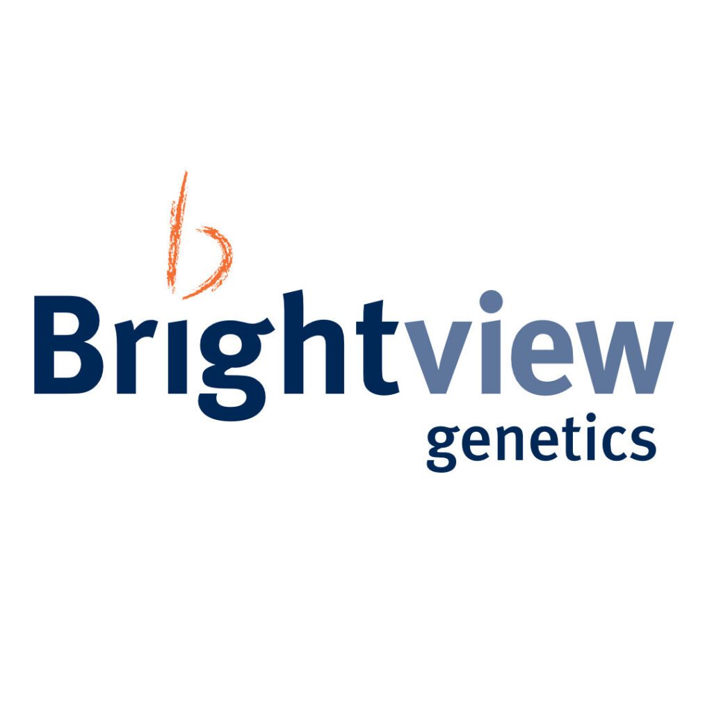 Logo of Brightview Genetics. The word ‘Brightview’ is written in a bold, modern sans-serif font, with ‘Bright’ in dark navy blue and ‘view’ in a lighter blue gradient. Above the ‘B’ in ‘Bright’ is an abstract, orange hand-drawn lowercase ‘b’ resembling a stylised genetic symbol or brushstroke. The word ‘genetics’ appears in lowercase beneath ‘view’, aligned right, in a smaller, dark blue font.