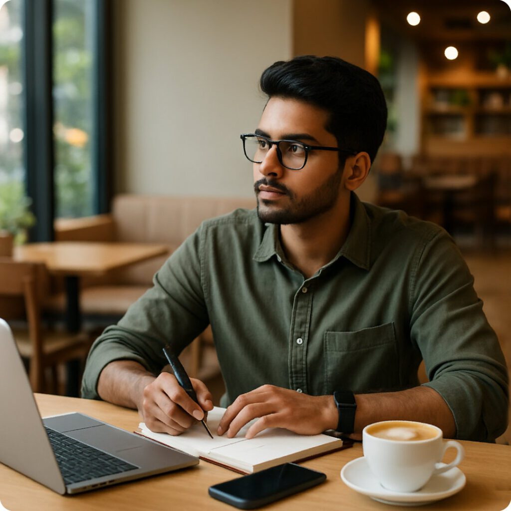 Tech-savvy Indian entrepreneur owner-operator writing brand brief pre-AI, mapping brand values in workshop—saving weeks of trial-and-error.