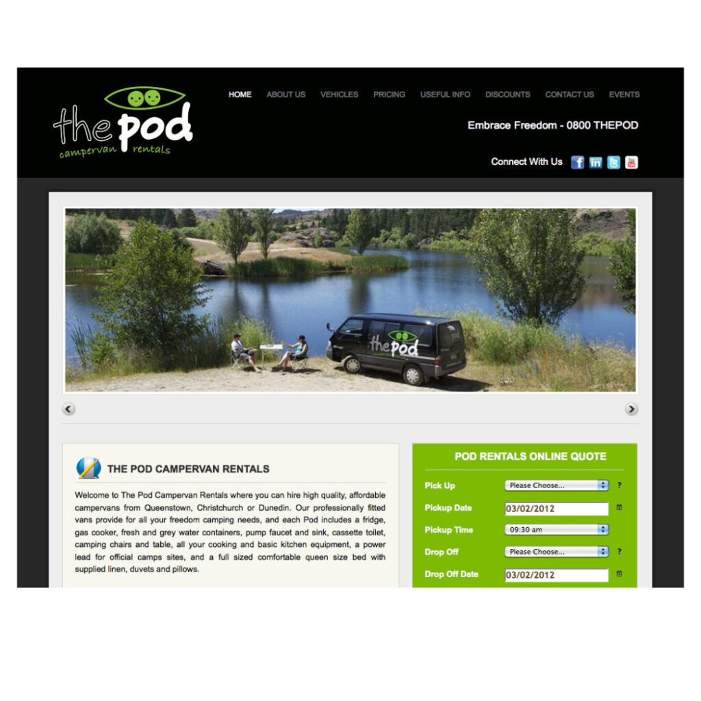 The Pod Rental Company website page, allows for booking, information reassurance and branding recognition.