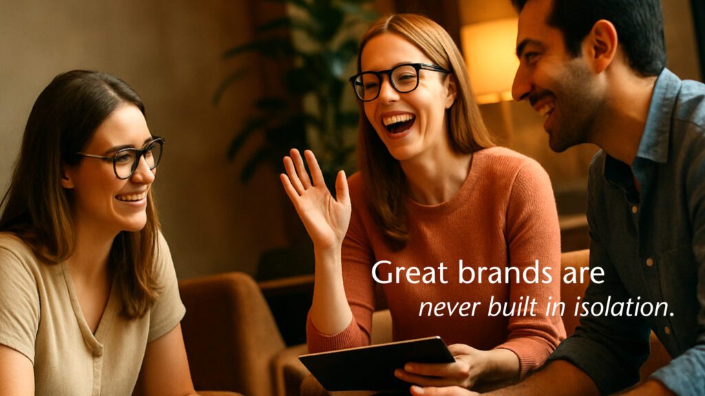 Three diverse professionals engaged in collaborative brainstorming, positioned right of centre in a warm, modern co-working environment. The group includes individuals of different ages, genders, and cultural backgrounds seated in comfortable lounge chairs, actively discussing and sharing ideas. One person gestures expressively while speaking, another appears to be contributing thoughts, and the third listens with engaged attention. The setting features warm lighting and a welcoming atmosphere. The landscape-oriented composition maintains clean negative space on the left with softly blurred background elements, creating optimal space for text overlay while emphasising the human-centred collaborative discussion.