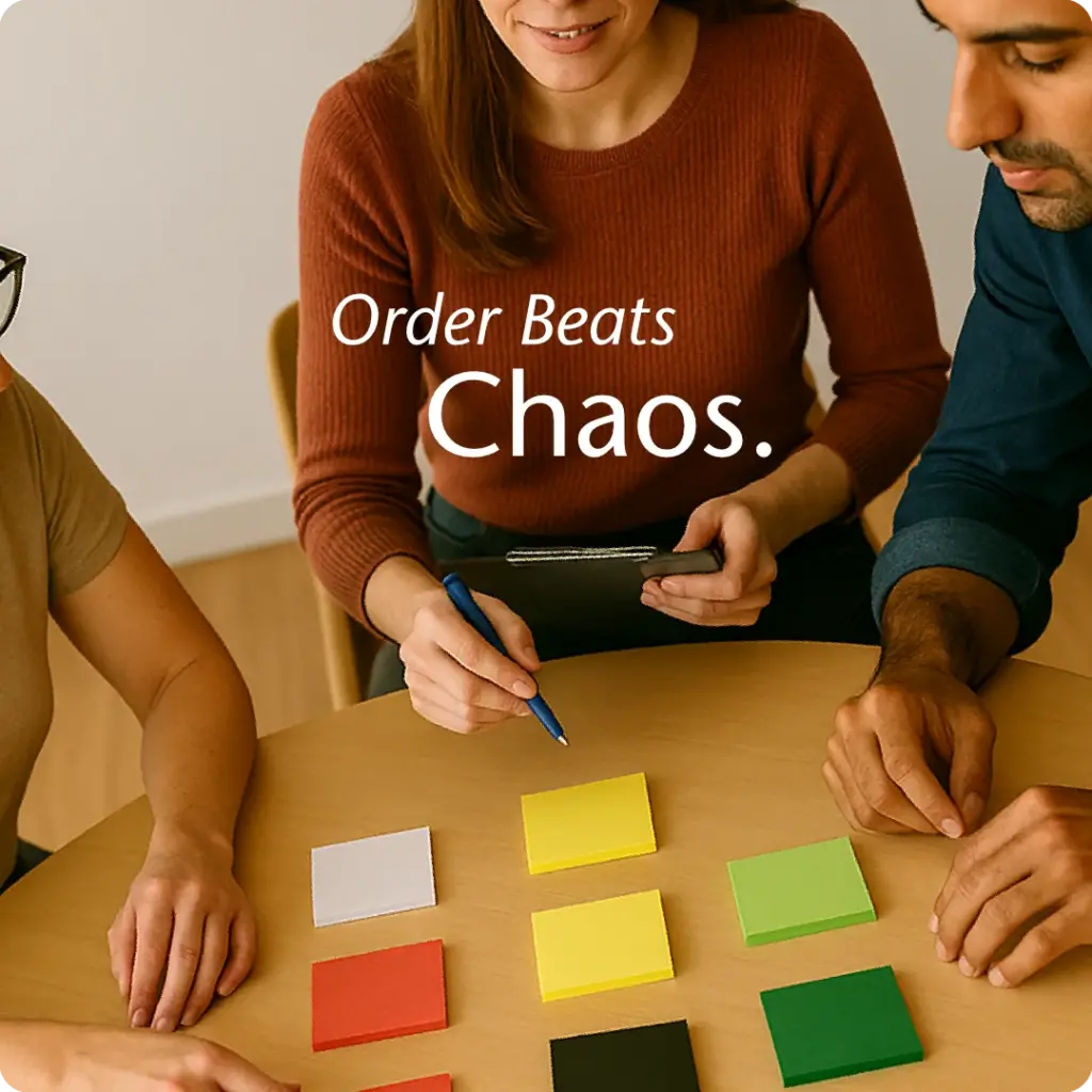 Three professionals using colour-coded sticky notes in a brand strategy session, symbolising collaboration structured by thinking modes.