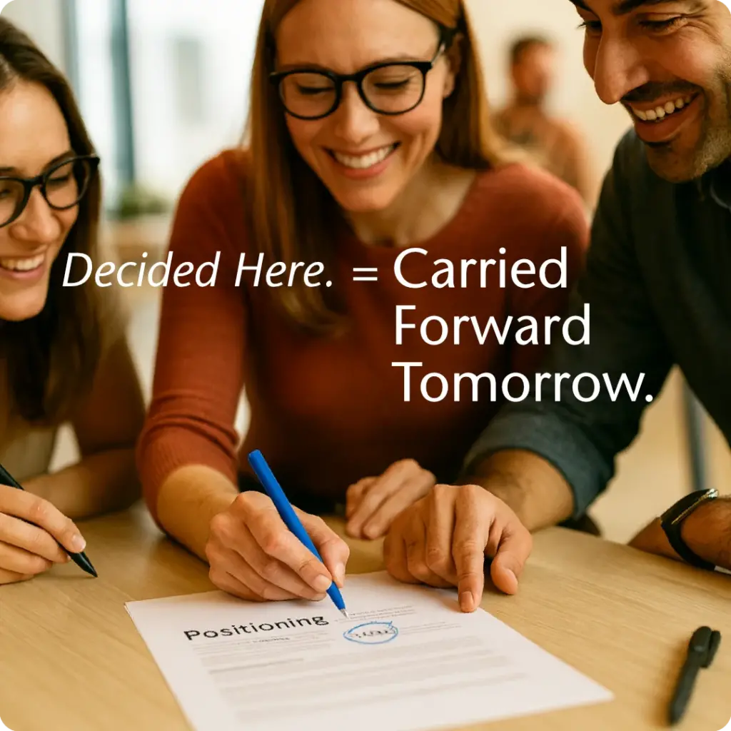 Three professionals signing a positioning document in a brand strategy session, symbolising adoption and shared ownership.