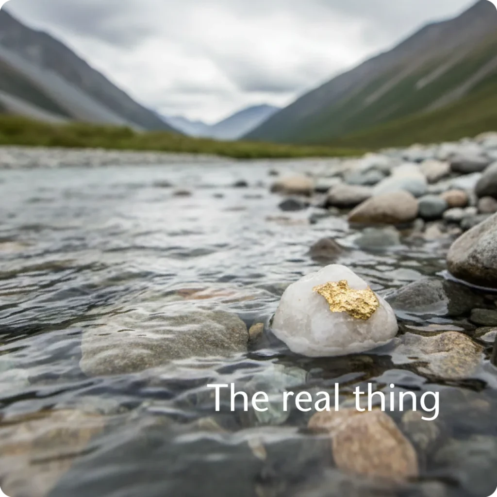 The diagnostic process revealing true market position, shown through clear river water washing over a single, submerged gold-bearing quartz pebble on a riverbed.