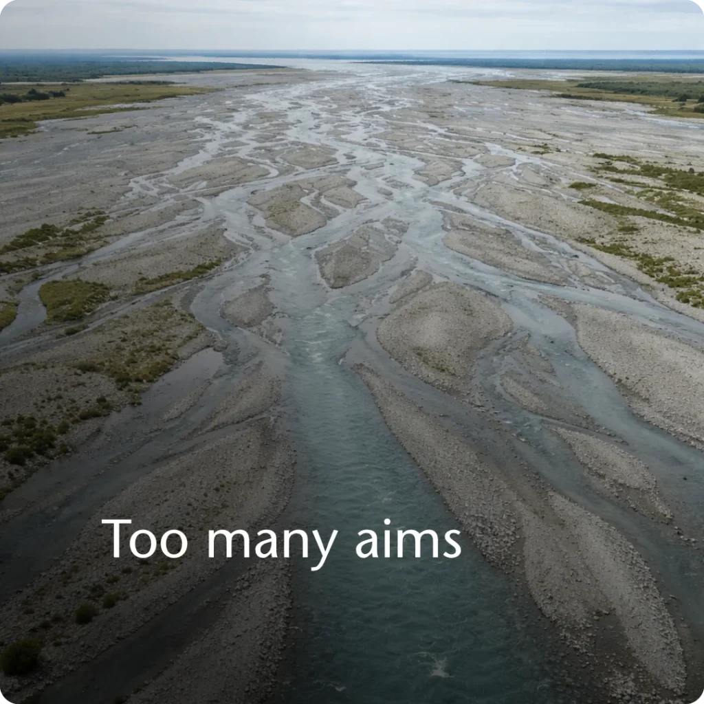 Unclear business goals cause effort to fragment and lose force, shown through a South Island braided river spreading into many shallow channels.