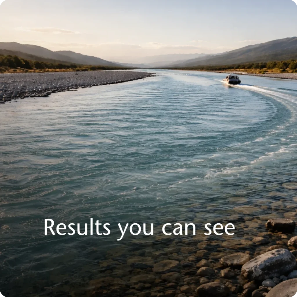 A clear business goal creates a usable main direction, shown through a strong river channel with a small jet boat moving confidently along it.