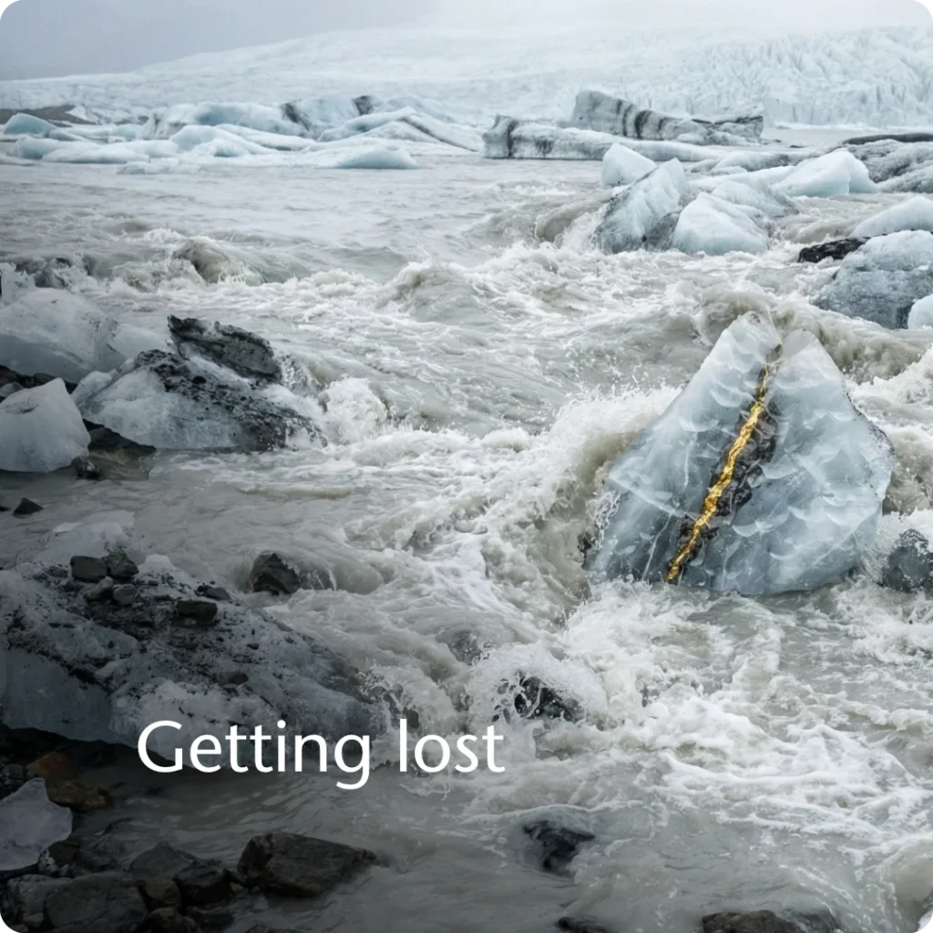 Market turbulence hiding high value, shown through a jagged, pale, fractured block of glacial ice with an exposed gold vein churning in a violent river.