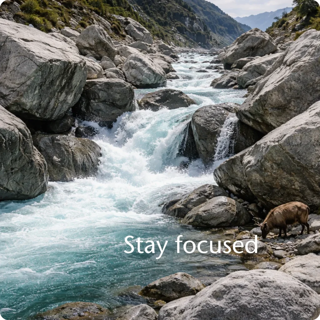 A single defined business outcome creates focus and momentum, shown through a tight glacial river channel roaring between massive boulders with a small tahr for scale.