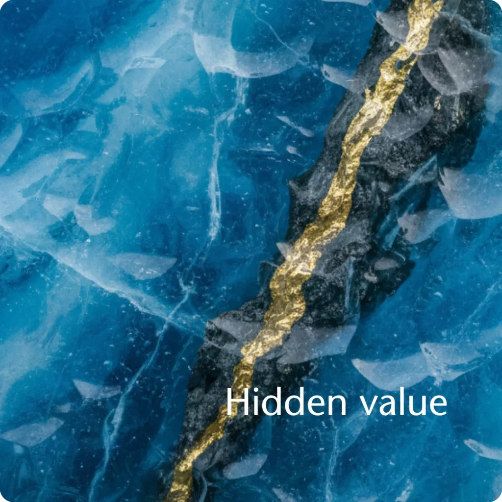 High commercial value hidden within a vague structure, shown as a vein of raw gold trapped deep inside a translucent blue glacial ice wall.
