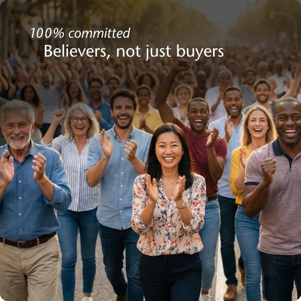 One hundred percent customer commitment achieved through a Brand Strategy Code, shown by a diverse group of people running with outstretched arms directly toward the viewer in a metropolitan precinct.