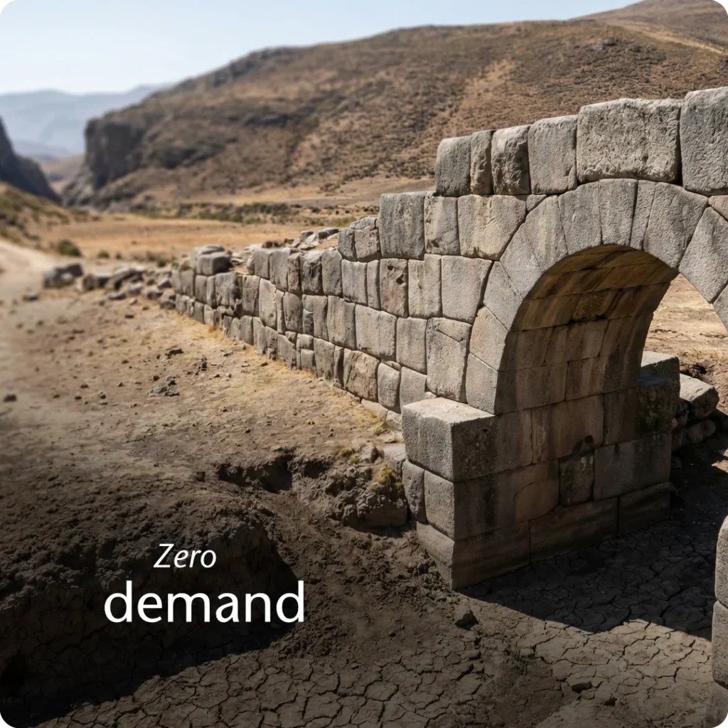 Strategic authority anchored without market validation, shown through a megalithic bridge over a dry creek bed while a natural path bypasses it.