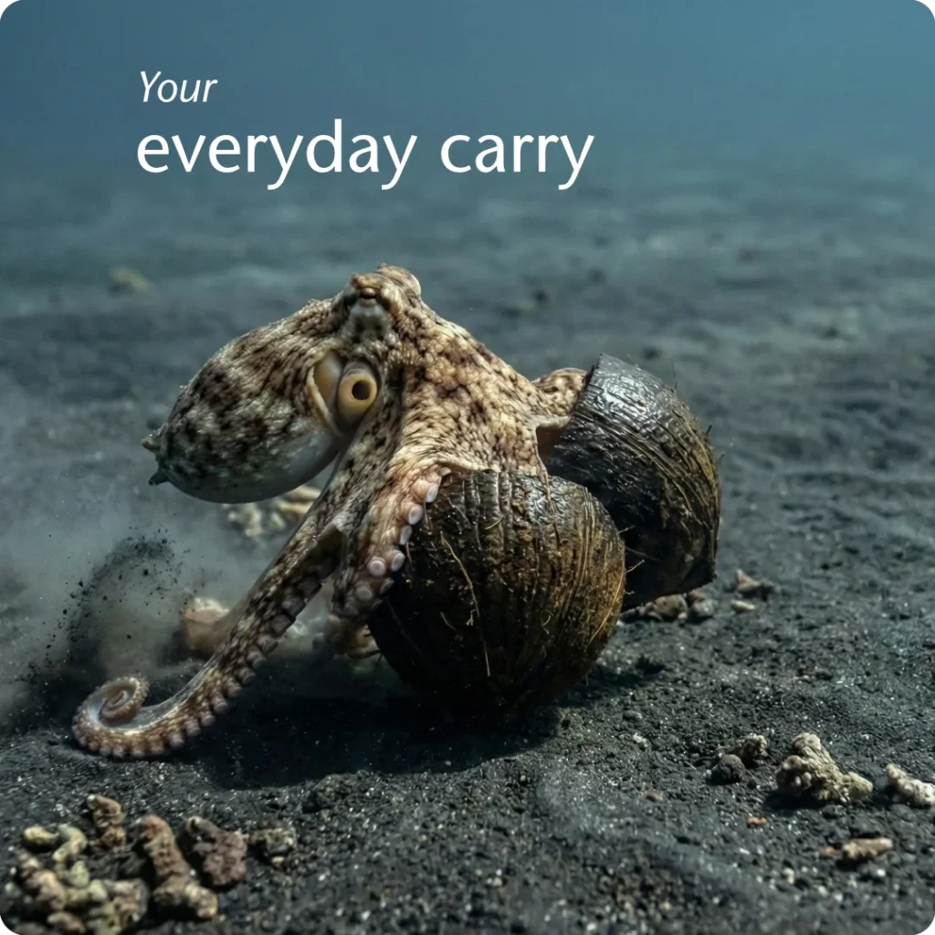 Operational constraint requires effort to maintain independence, shown through a coconut octopus laboriously carrying its coconut continuity plan shell kit across an exposed seabed.