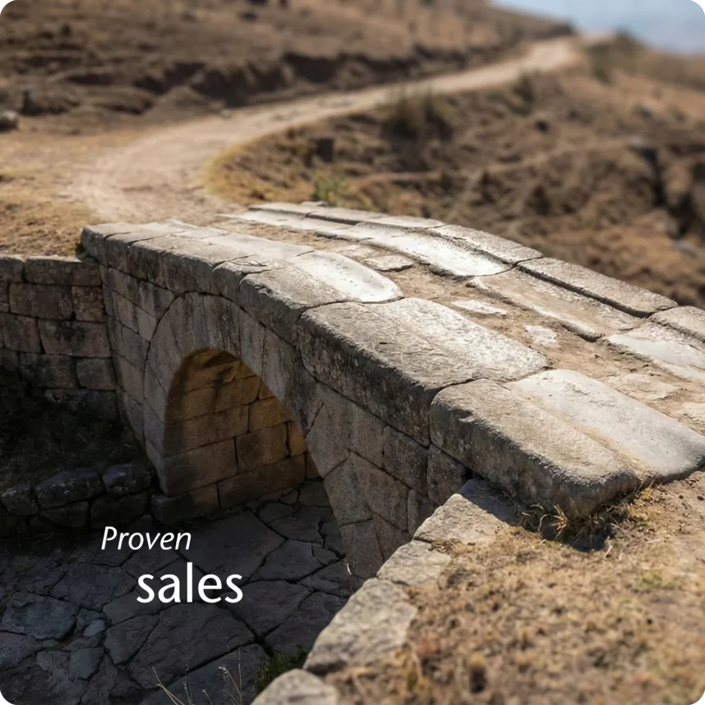 Governed outcome shown through a simple, functional megalithic stone bridge built exactly where a worn path dictates, its surface showing deep signs of heavy use. This contrasts with the unused, detailed bridge in previous images.