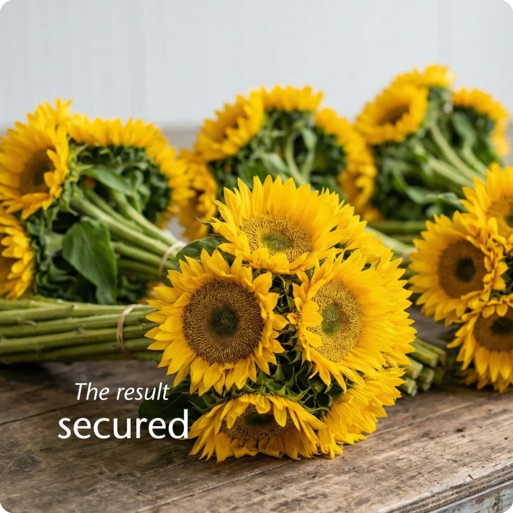 The final outcome of strategic alignment is a high-quality, converting product ready for the specific buyer, shown through professional bundles of mature sunflowers on a market trolley.
