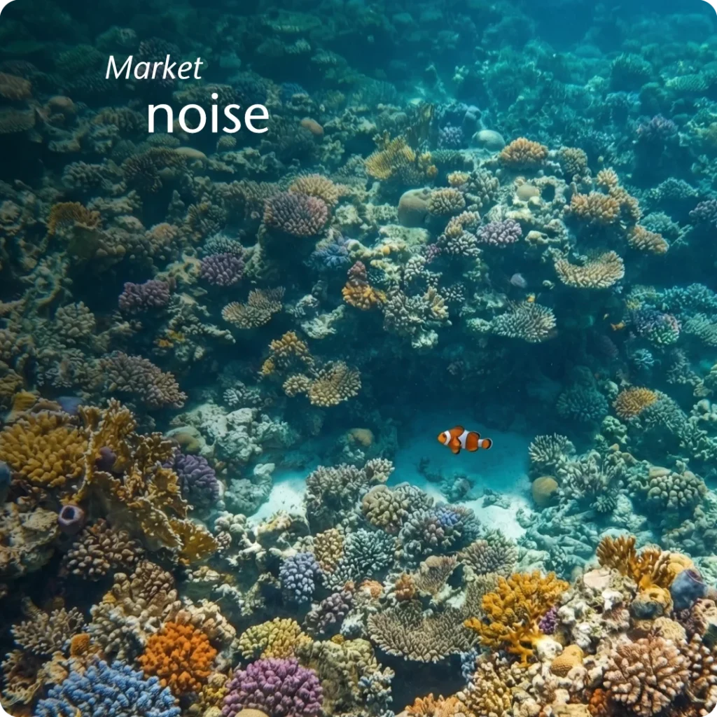 Strategic brand visibility is lost in market noise, shown through a tiny Ocellaris clownfish floating high above a sprawling, textured coral reef in clear turquoise water.