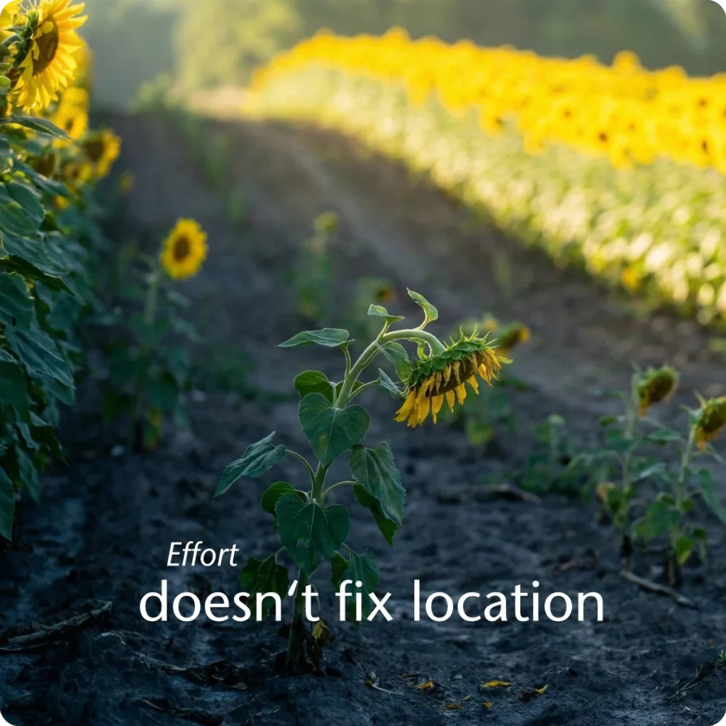 Marketing friction occurs when effort is spent in dead zones, shown through a specific patch of stunted sunflowers growing in a topographical shadow, cut off from the light.