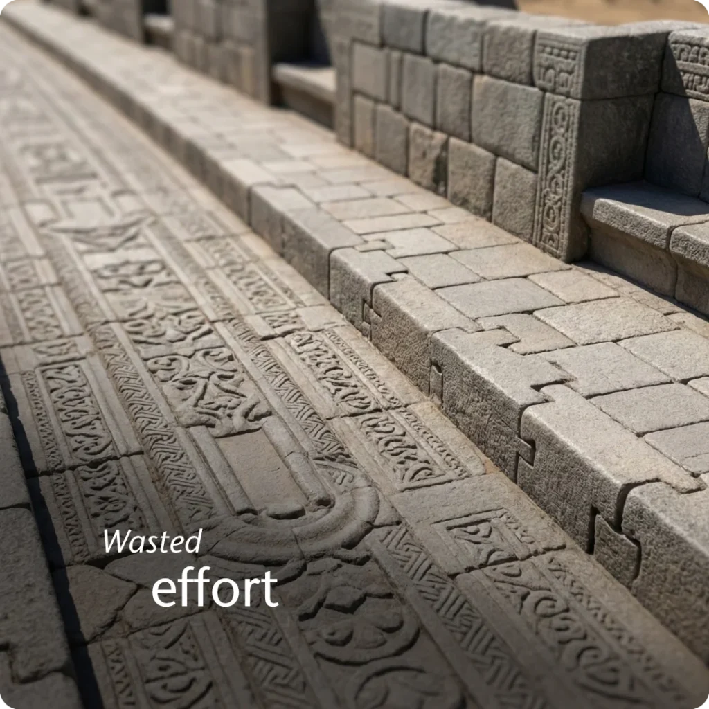 The tension of the busy trap shown through a close-up of obsessively detailed, unused stone vehicle lanes and footpaths on a megalithic bridge that nobody uses.