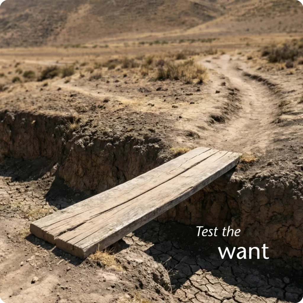Strategic intervention shown through a simple wooden plank laid across a gap where a deep, worn-out dirt path proves that people already want to cross. This visual contrasts the effectiveness of a low-cost trial against the wasted effort of a large build.