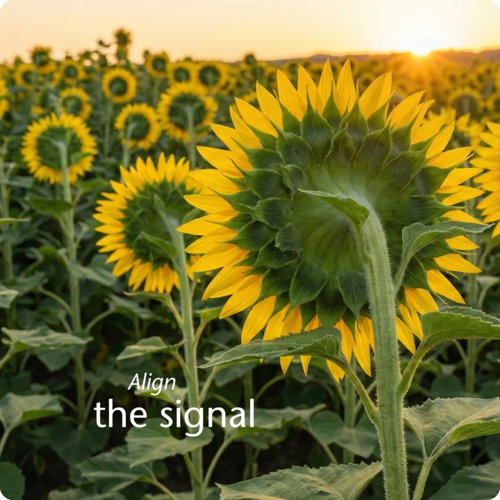 Strategic alignment ensures the entire business is oriented toward the most valuable market signal, shown through a primary sunflower and its field perfectly angled toward the morning sun.