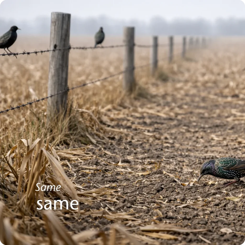 Disconnected systems and the failure of cold interaction are shown through a group of starlings scattered far apart on a fence line and corn stalks, ignoring each other.