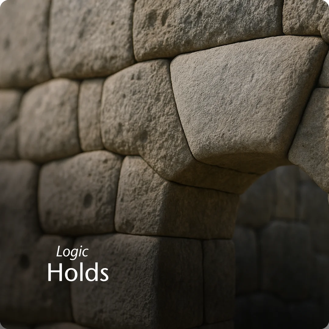 A precise megalithic stone archway featuring a perfectly fitted keystone at the center. The masonry demonstrates exact fitting and seamless quality control, serving as a metaphor for brand strategy logic holding a business structure together. The image illustrates architectural stability and the "Flying Lizard" branding system where every component fits perfectly to prevent structural failure.