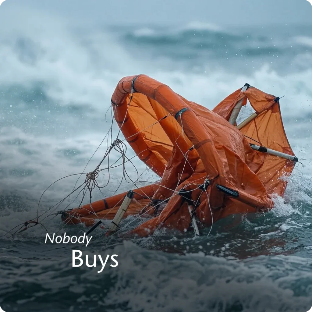 An undefined business idea causes immediate friction and failure, shown as the orange surf kite lying deflated and tangled within churning ocean waves.