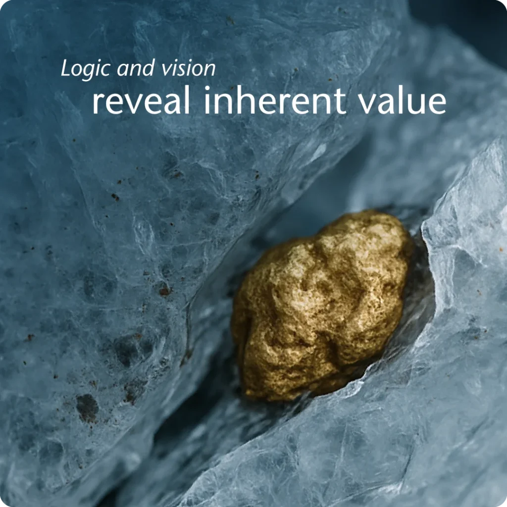 Visual metaphor of a gold nugget revealed in glacial ice, representing how strategic brand positioning exposes the inherent value within a business.