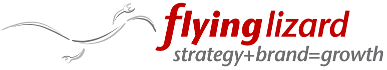 flying lizard business logo with byline strategy plus brand equals growth