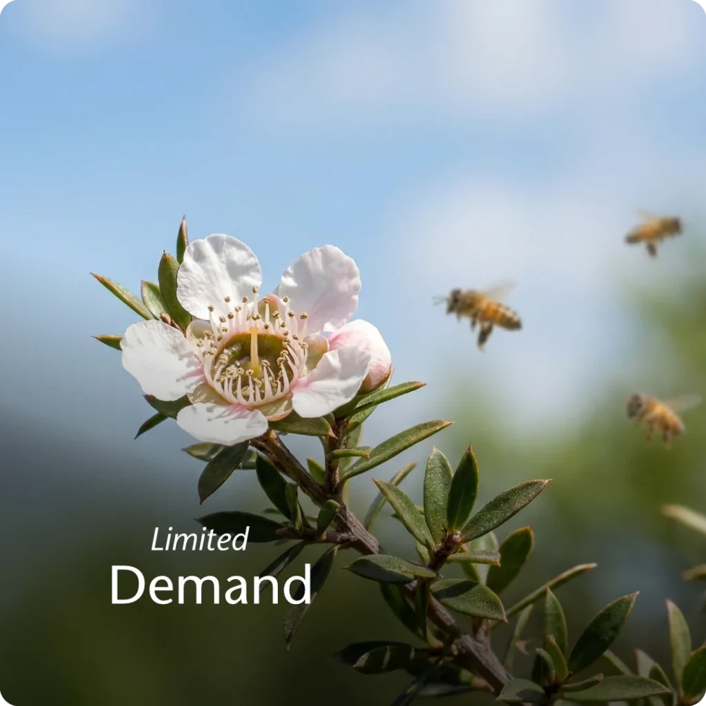 Pressure condition shown through a Manuka flower with distant bees, illustrating limited demand that strains marketing spend.