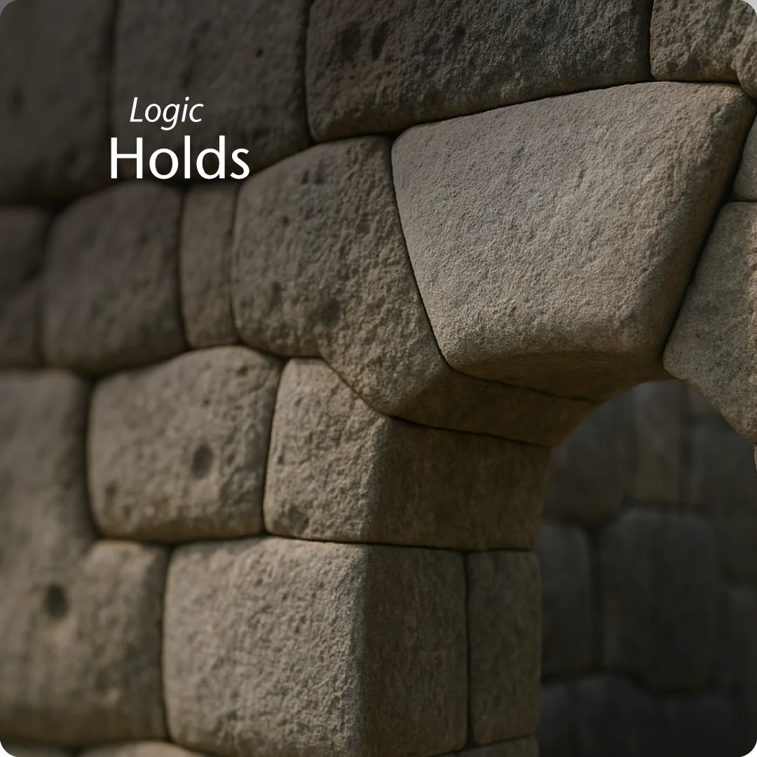 A precise megalithic stone archway featuring a perfectly fitted keystone at the center. The masonry demonstrates exact fitting and seamless quality control, serving as a metaphor for brand strategy logic holding a business structure together. The image illustrates architectural stability and the "Flying Lizard" branding system where every component fits perfectly to prevent structural failure.