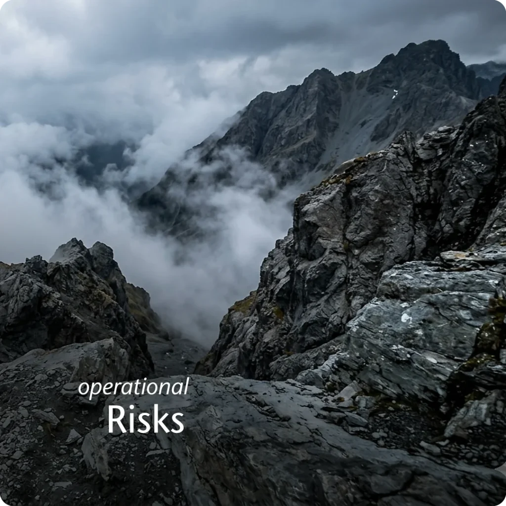 The structural friction and risk involved in scaling a construction business, shown through a POV shot looking down into a clouded valley with steep scree slopes in the Mountains.