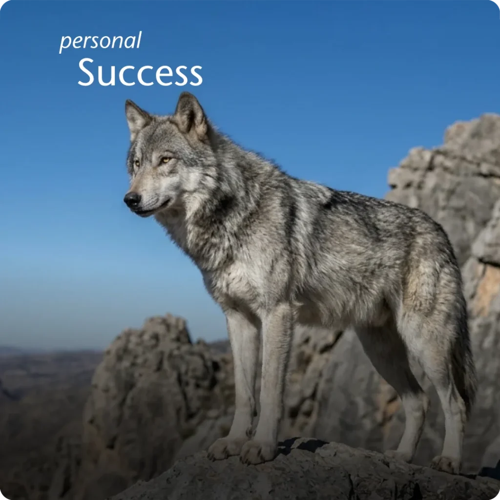 Individual mastery creates initial market dominance. Scaling a real estate coaching business, shown through a solitary grey wolf standing atop a high rock.