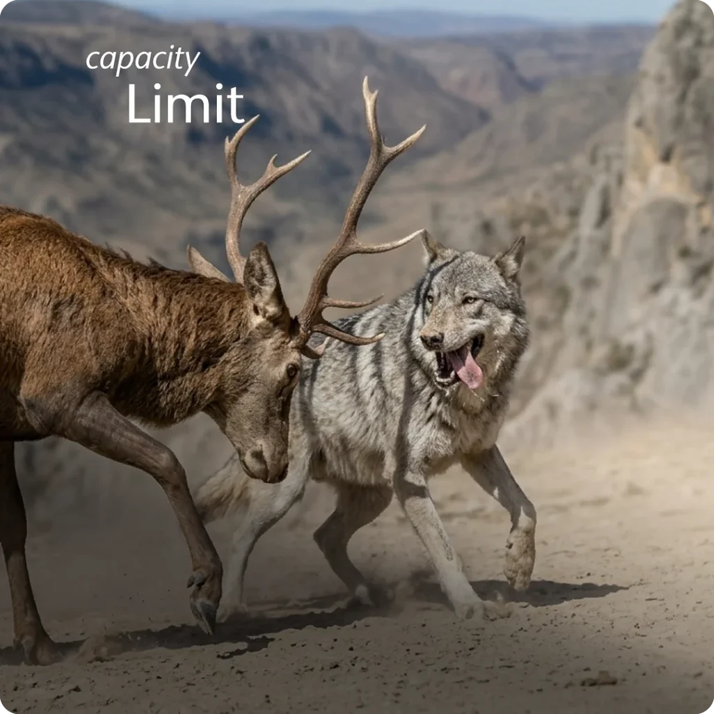 Singular effort reaches a hard ceiling, shown through an exhausted grey wolf unable to overcome a defending red deer.