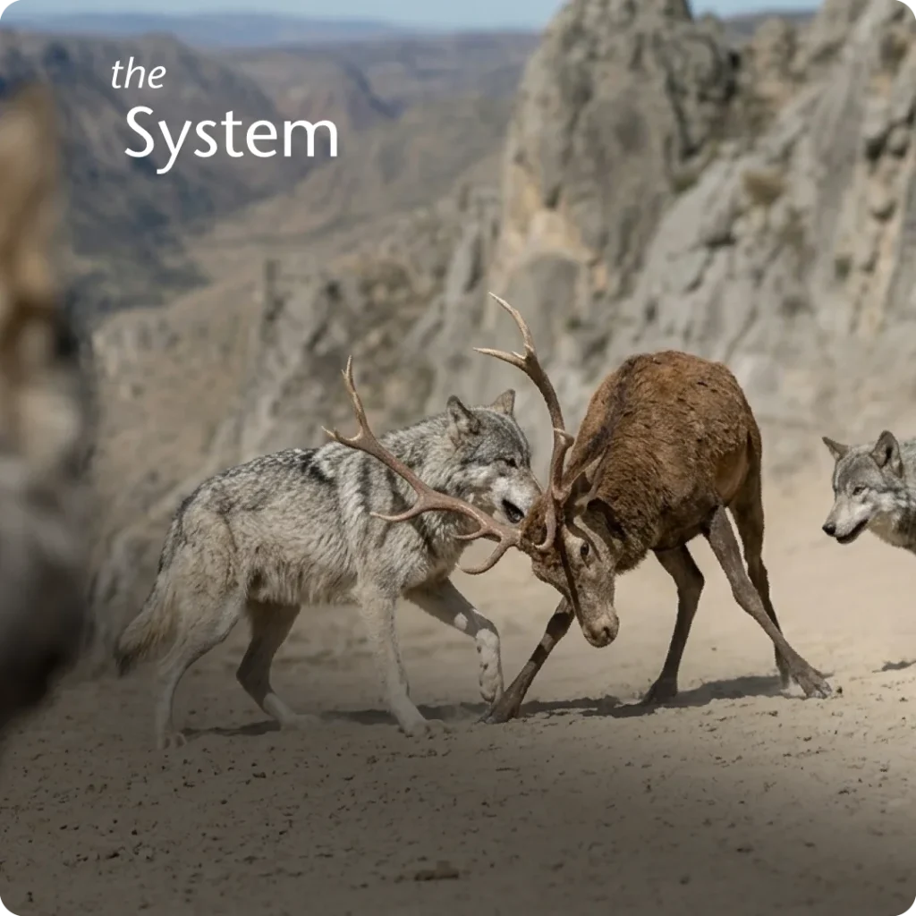 A structured strategic system for scaling a real estate coaching business translates individual genius into scalable results, shown through three grey wolves coordinating a hunt on a red deer.
