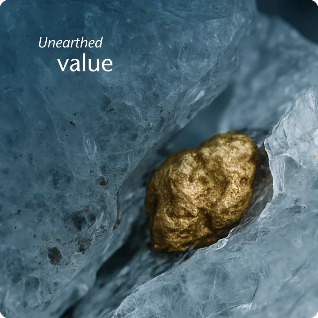 Flying Lizard, Brand Strategy. Critical thinking and original thought to help your business run smoother, shown as a chunk of glacial ice with a natural exposed gold nugget revealed visual metaphor.