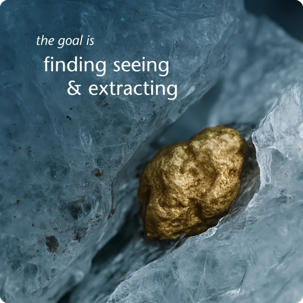 Flying Lizard, Brand strategy. Critical thinking and original thought to to help with the goal of finding, seeing and extracting. Shown as a chunk of glacial ice with a natural exposed gold nugget revealed visual metaphor.